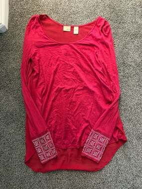 Daytrip Red Long Sleeve Mixed Media Top with Embellished Cuff